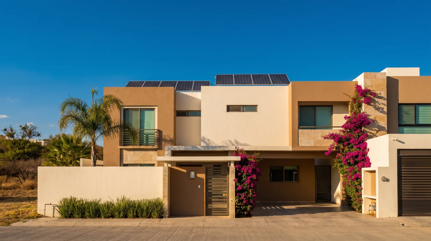 Casa residencial en Jalisco con paneles solares y bugambilias
