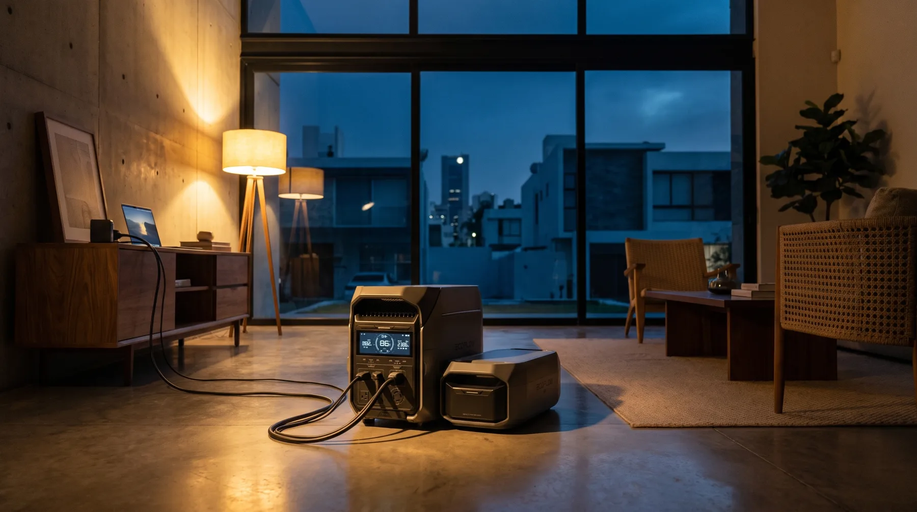 Estación de energía portátil con batería de respaldo encendida en el piso de una sala mientras la colonia luce a oscuras por un apagón nocturno